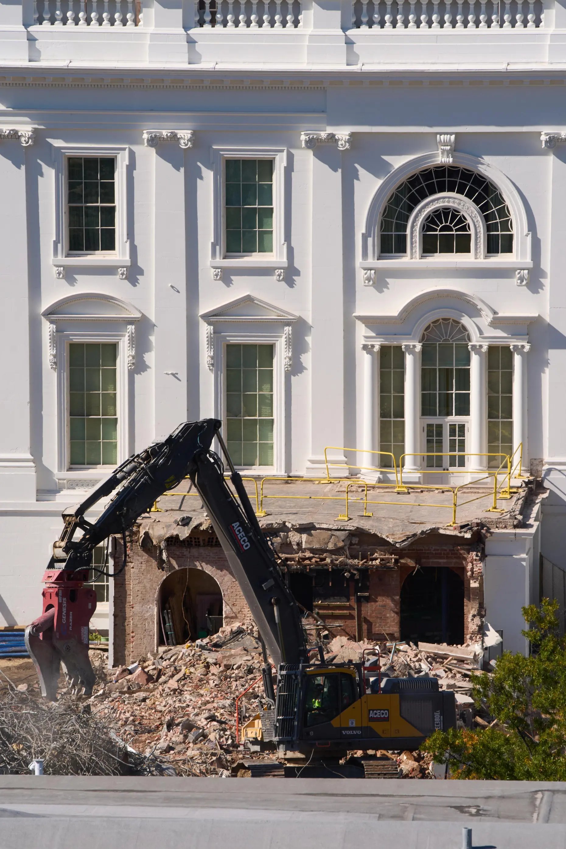 Excavators continue demolition of the East Wing of the White House on October 23, 2025, before Trump ballroom construction