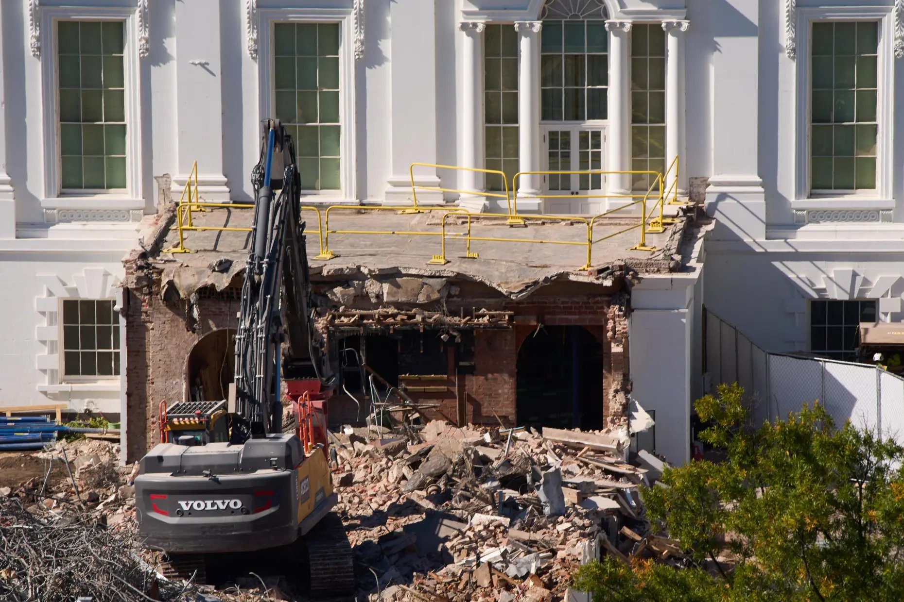 Heavy equipment continues partial demolition of the East Wing of the White House on October 23, 2025, before Trump ballroom construction
