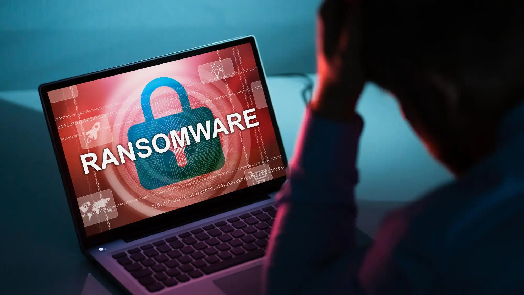 Enterprise network showing ransomware attack spreading through connected Windows systems