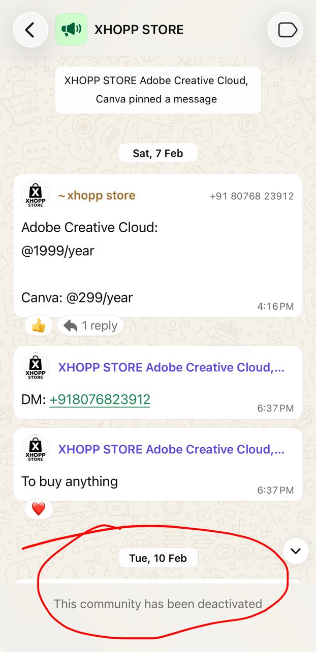 WhatsApp message circulated to alleged Adobe subscription customers before support groups disappeared