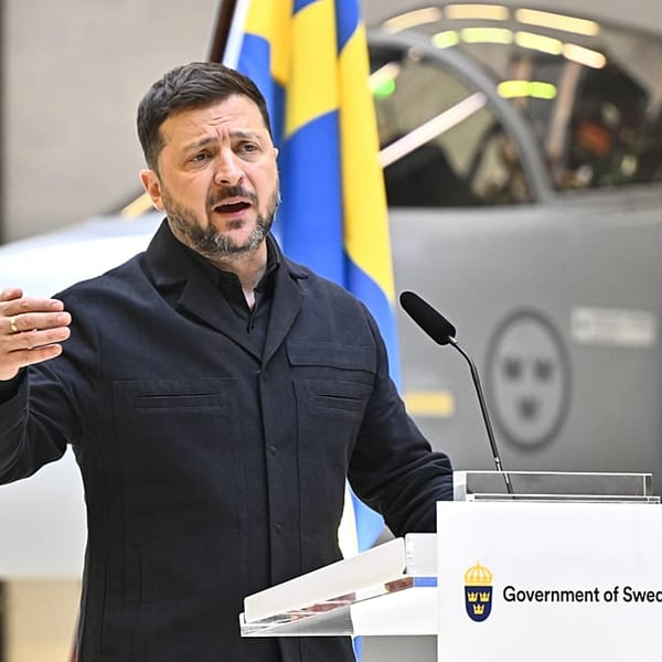 Ukrainian President Volodymyr Zelenskyy speaks at joint press conference at F-16 air flotilla base in Uppsala Sweden