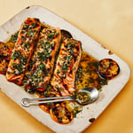 Most-saved Epicurious recipes for June 2026 including basil chicken stir-fry, asparagus shrimp risotto and chili crisp panzanella