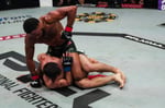 AJ McKee lands ground-and-pound elbows on Salamat Isbulaev in the third round at PFL San Diego 2026 at Pechanga Arena