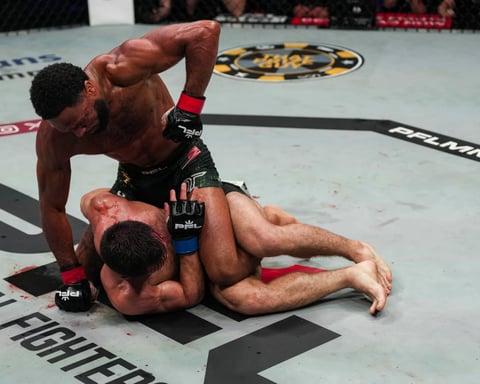 AJ McKee lands ground-and-pound elbows on Salamat Isbulaev in the third round at PFL San Diego 2026 at Pechanga Arena