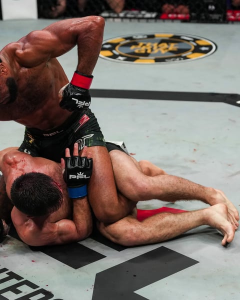 AJ McKee lands ground-and-pound elbows on Salamat Isbulaev in the third round at PFL San Diego 2026 at Pechanga Arena