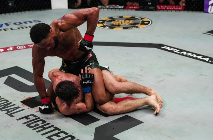AJ McKee lands ground-and-pound elbows on Salamat Isbulaev in the third round at PFL San Diego 2026 at Pechanga Arena