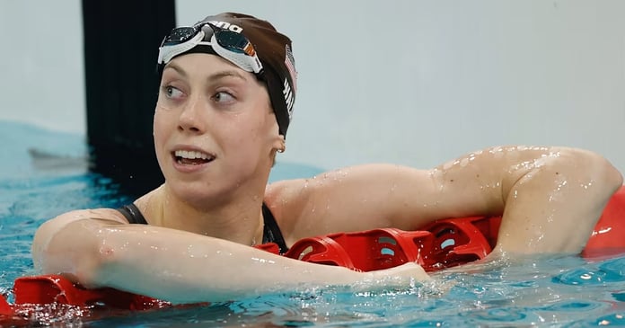 Gretchen Walsh touches the wall after breaking the women's 50-meter freestyle world record at the Sette Colli Trophy in Rome