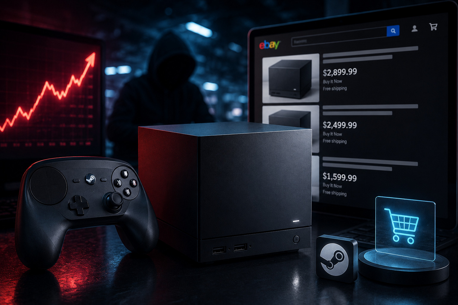 Steam Machine eBay scalper listings showing reservations priced at $2,700 to $2,900 roughly double Valve retail price