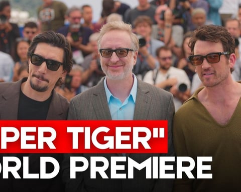 Adam Driver and Miles Teller at the Cannes 2026 premiere of Paper Tiger directed by James Gray