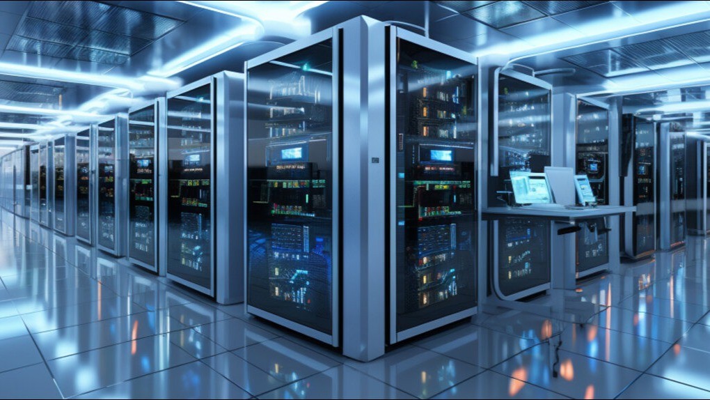 Massive AI data center server facility showing high energy consumption and computing infrastructure AI data center infrastructure and energy demand
