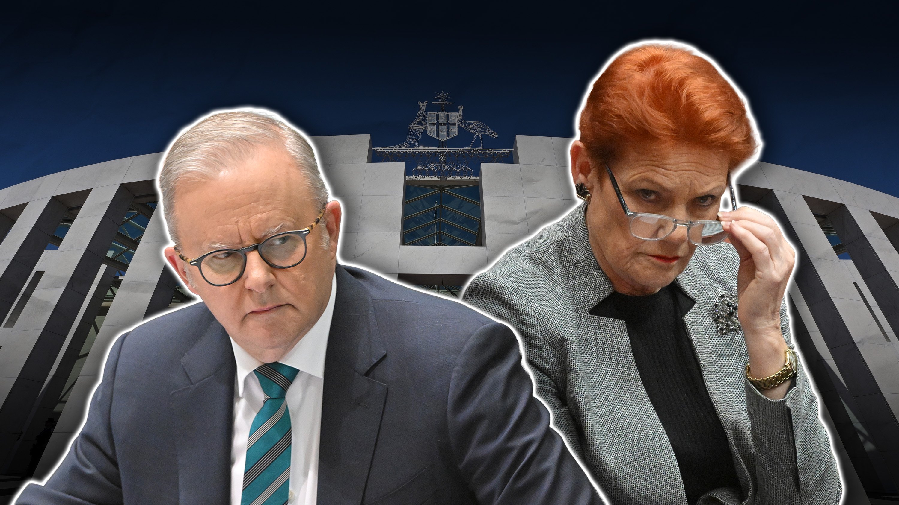 Composite image of Prime Minister Anthony Albanese and One Nation leader Pauline Hanson over Parliament House in Canberra