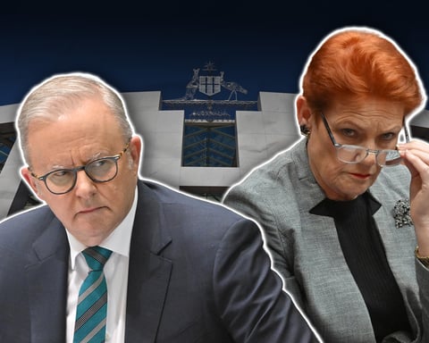 Composite image of Prime Minister Anthony Albanese and One Nation leader Pauline Hanson over Parliament House in Canberra