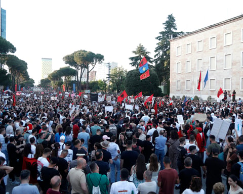 Protesters in Tirana, Albania rally against the Kushner-linked Sazan Island resort project