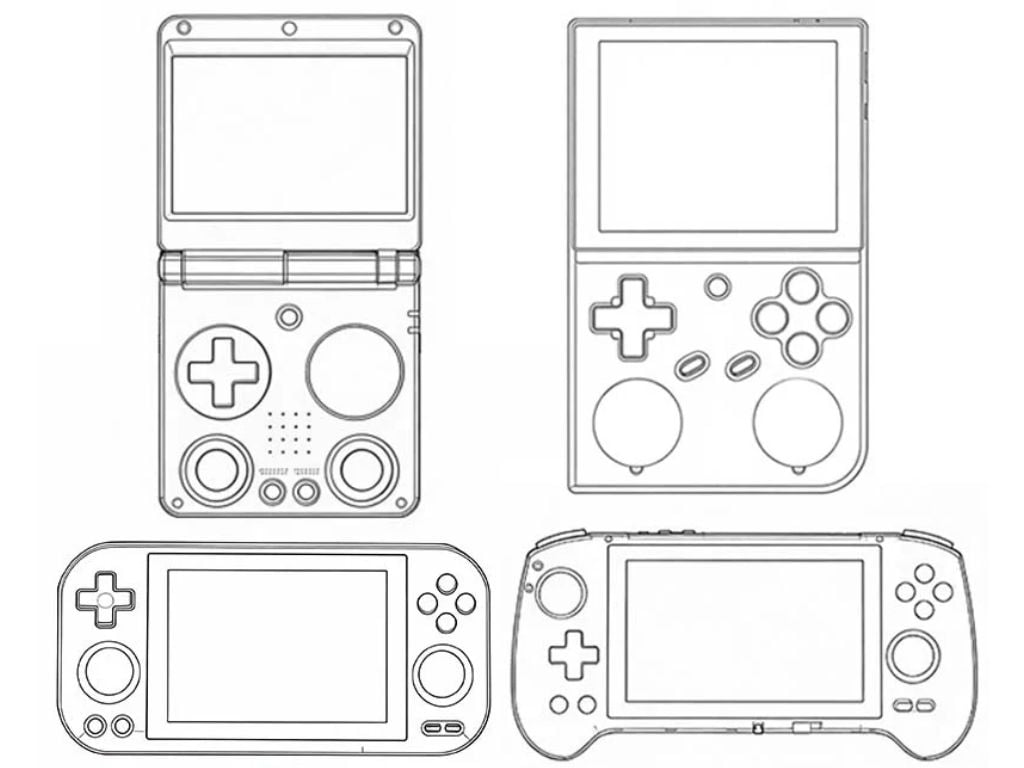 Illustrations of multiple Anbernic retro gaming handheld consoles from the official product accessories parts page
