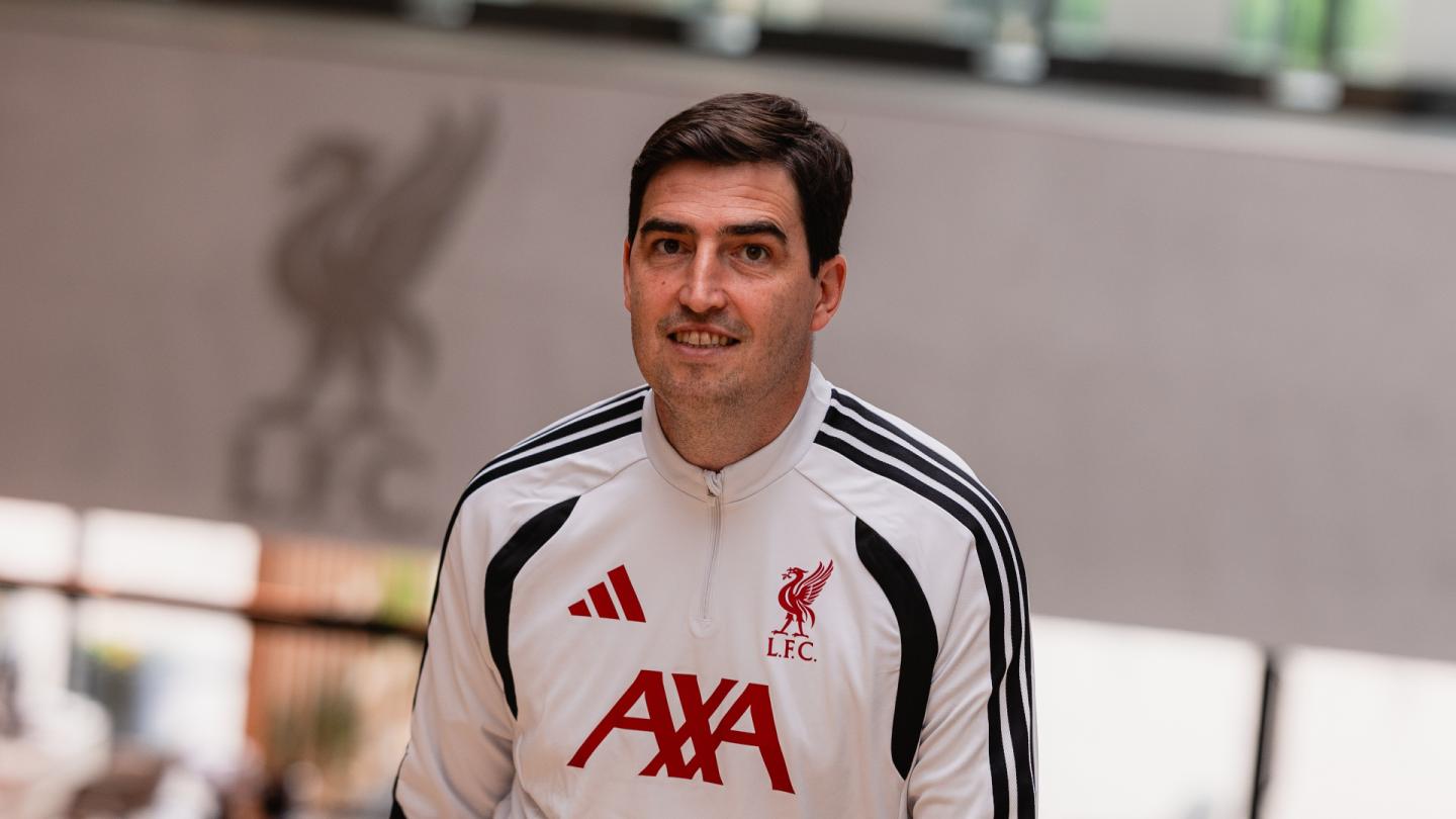 Andoni Iraola speaks during his first interview as Liverpool head coach at the AXA Training Centre