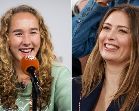 Mirra Andreeva and Maria Sharapova photographed together at the US Open