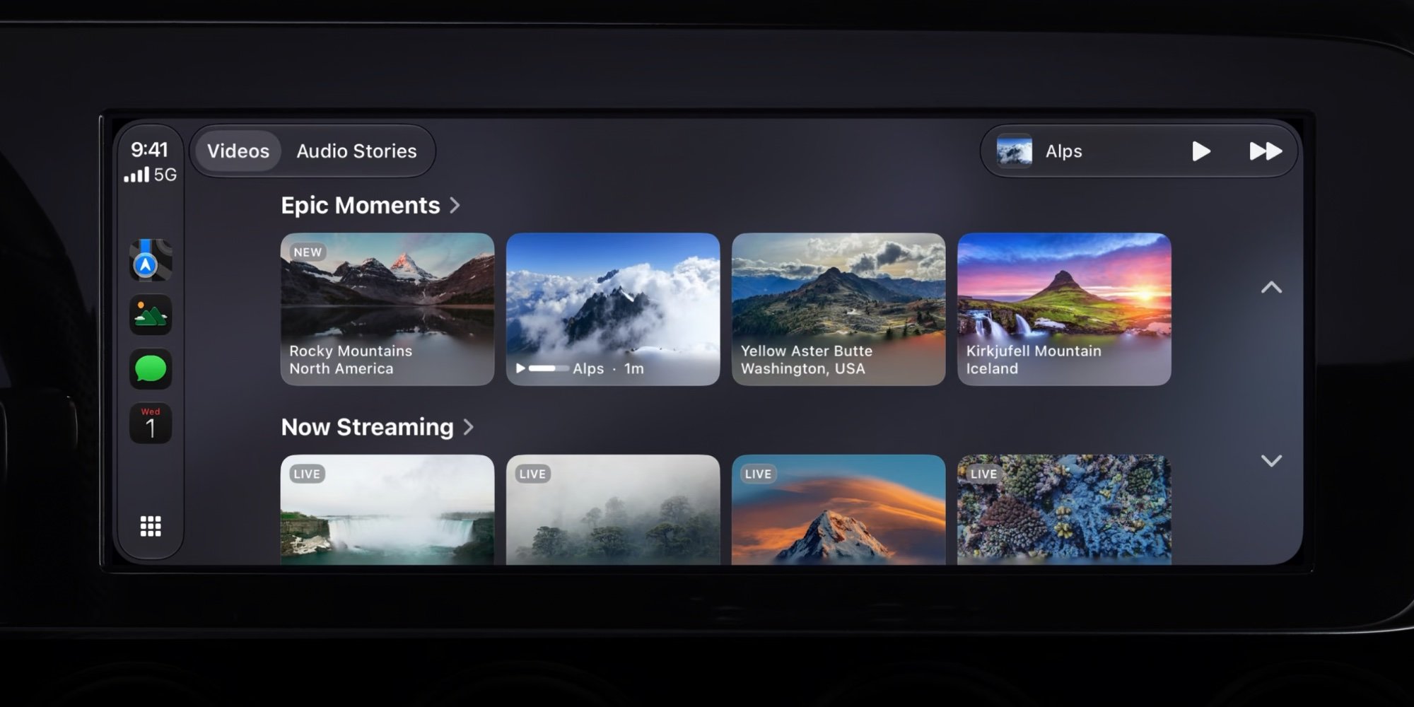Apple CarPlay iOS 27 video playback displayed on a vehicle infotainment screen while parked