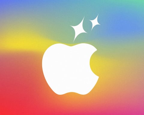 Illustration replacing the Apple logo leaf with sparkles, symbolizing Apple Intelligence and Siri's AI push at WWDC 2026