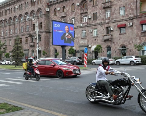 Campaign banner for Prime Minister Nikol Pashinyan's Civil Contract party in Yerevan, Armenia ahead of the June 7 2026 parliamentary election