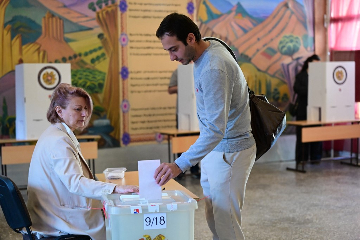 Armenians vote at a polling station in Yerevan during the June 7 2026 parliamentary election