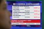 Currency dealers monitor screens showing KOSPI index as Asian markets fall amid Iran war and SoftBank loan collapse
