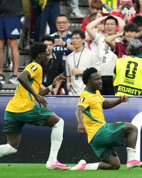 Nestory Irankunda celebrates Australia's opening goal against Turkiye at the 2026 FIFA World Cup Vancouver