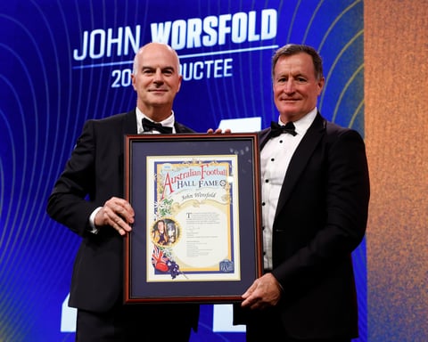 Australian Football Hall of Fame 2026 inductees Gary Ablett Jr, John Worsfold and Dustin Fletcher at Crown Palladium Melbourne