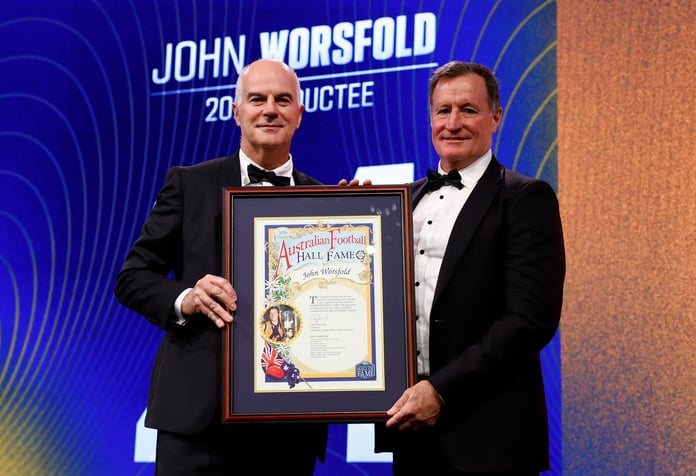 Australian Football Hall of Fame 2026 inductees Gary Ablett Jr, John Worsfold and Dustin Fletcher at Crown Palladium Melbourne