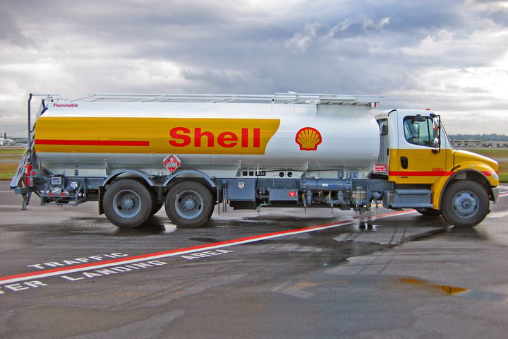 An aviation fuel tanker refuelling an aircraft, illustrating jet fuel supply