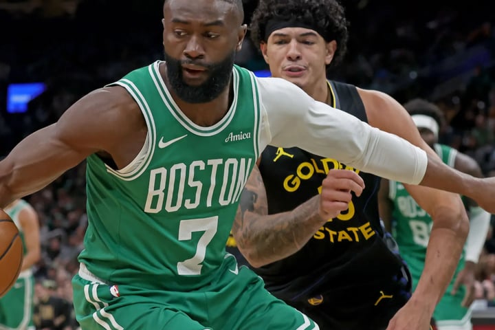 Jaylen Brown drives to the basket during an NBA game for the Boston Celtics