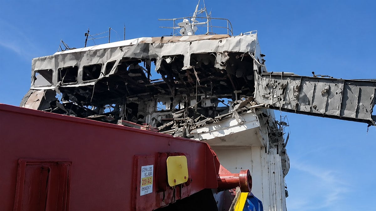 Cargo ship engulfed in fire after Ukrainian drone strike in the Sea of Azov, June 5, 2026