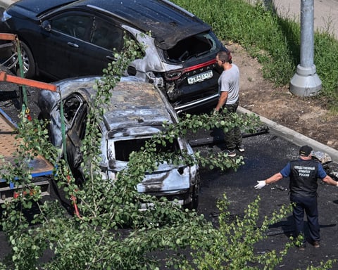 The scene of the car bomb explosion that killed a driver in Balashikha, east of Moscow
