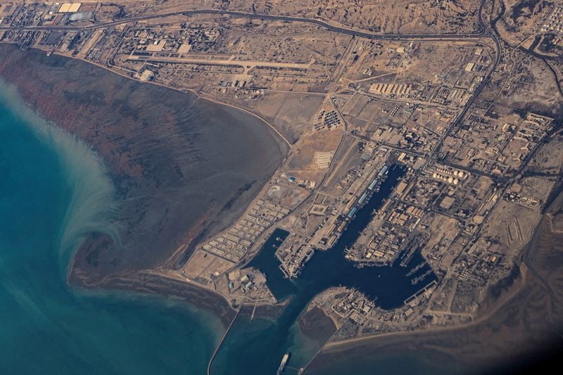 Aerial view of Bandar Abbas port in Iran where hundreds of Indian sailors on stranded commercial vessels have been trapped since February 2026
