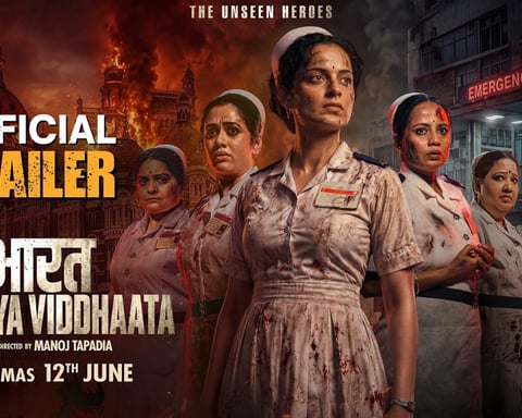 Kangana Ranaut and the nurse ensemble of Bharat Bhhagya Viddhaata in blood-stained uniforms outside Cama Hospital in the official trailer art