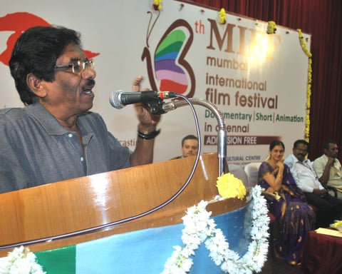 Tamil film director Bharathiraja delivering the inaugural address at a film festival in Chennai