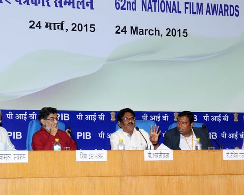 Bharathiraja addressing a press conference as jury chairperson of the 62nd National Film Awards in New Delhi