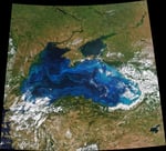 NASA Suomi NPP and NOAA-20 VIIRS satellite image of Black Sea phytoplankton bloom June 20 2022 with Crimea Russia Ukraine Turkey coastlines