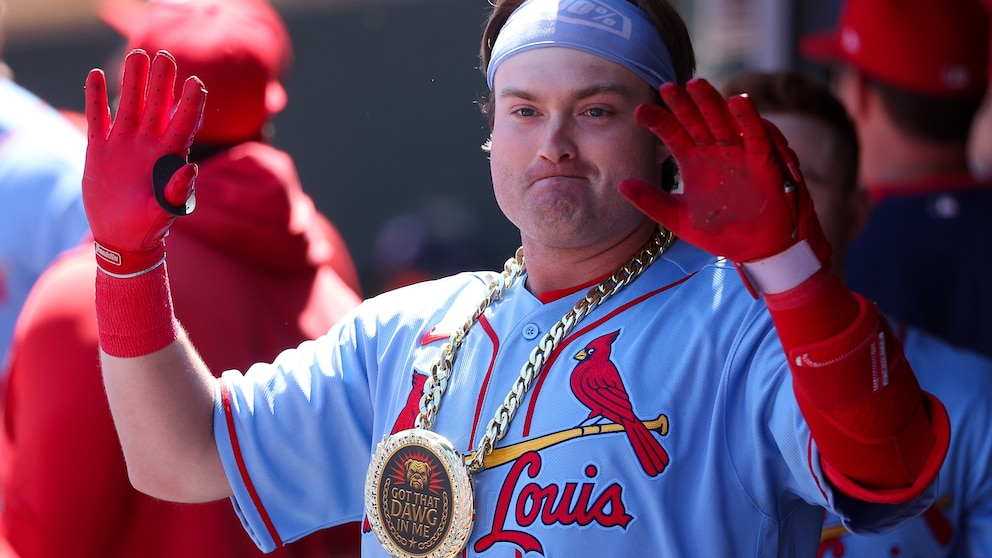 St. Louis Cardinals rookie Blaze Jordan celebrates his first career home run against the Minnesota Twins
