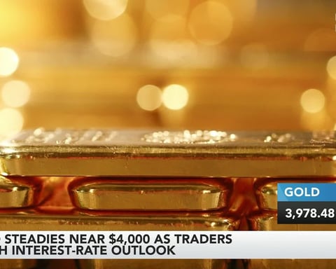 Gold bars and trading charts as gold settles near $4,000 per ounce