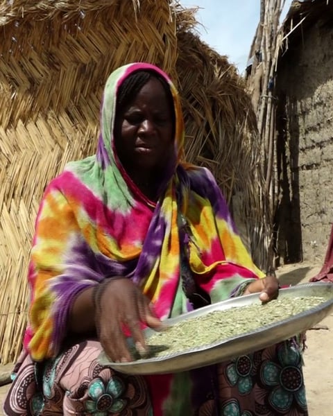 A displaced woman stands in a deteriorating camp in Maiduguri, Borno state