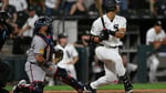 Braden Montgomery watches his walk-off two-run home run in the 10th inning of his MLB debut against the Atlanta Braves