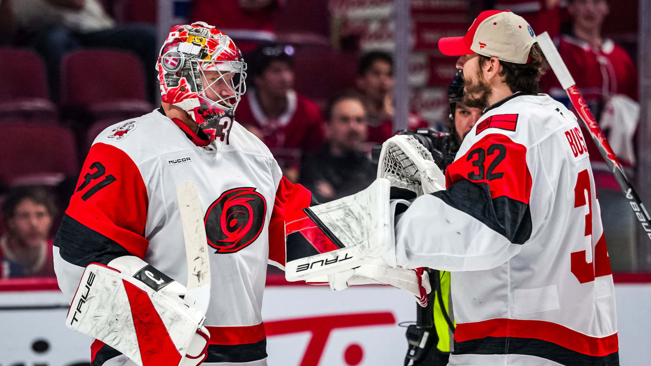 Brandon Bussi and Frederik Andersen of the Carolina Hurricanes ahead of Game 4 of the 2026 Stanley Cup Final