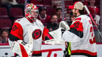 Brandon Bussi and Frederik Andersen of the Carolina Hurricanes ahead of Game 4 of the 2026 Stanley Cup Final