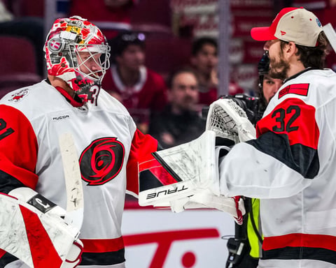 Brandon Bussi and Frederik Andersen of the Carolina Hurricanes ahead of Game 4 of the 2026 Stanley Cup Final
