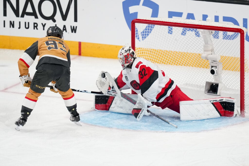 Brandon Bussi in goal for the Carolina Hurricanes during the 2026 Stanley Cup Final