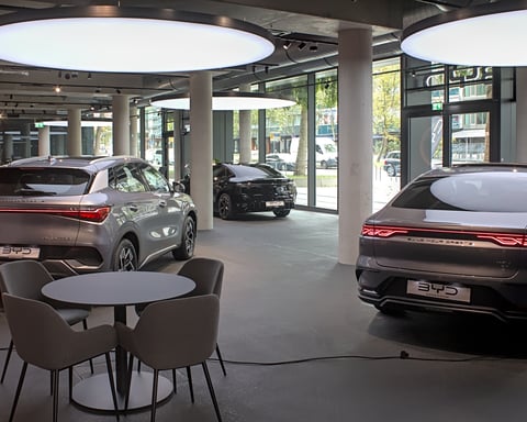 BYD electric vehicle store with cars on display in Stuttgart, Germany