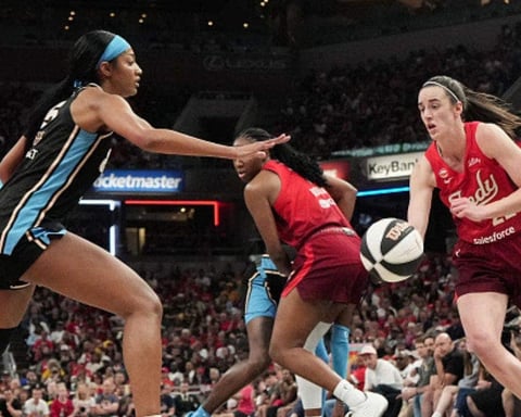Caitlin Clark drives past Atlanta Dream defender at Gainbridge Fieldhouse June 2026
