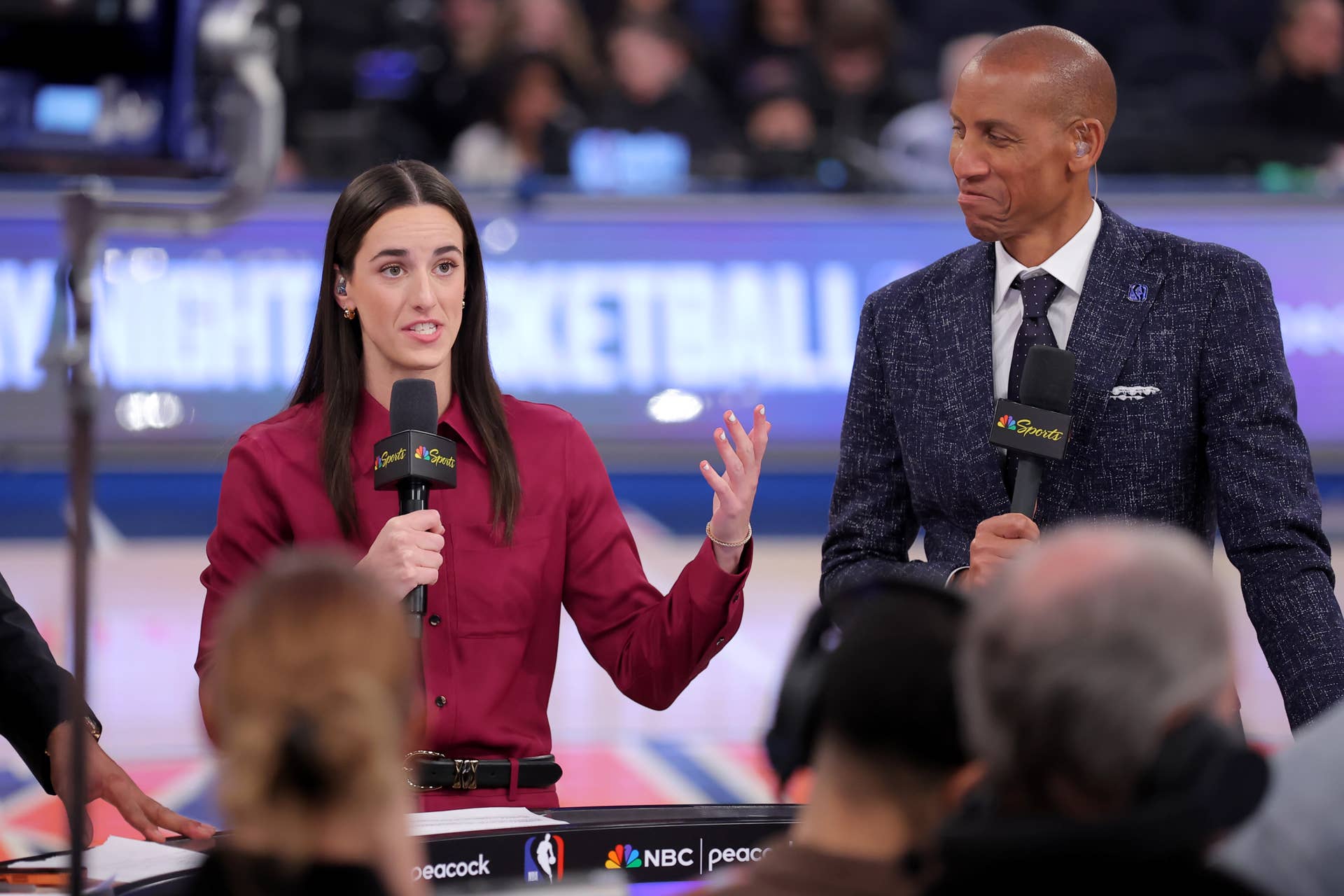 Caitlin Clark and Reggie Miller broadcasting for NBC at Madison Square Garden during the NBA Finals
