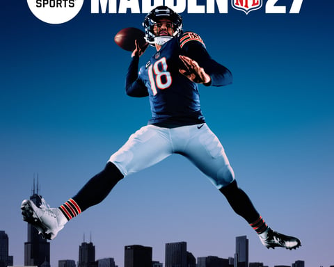 Caleb Williams jumping against Chicago skyline on Madden NFL 27 standard edition cover