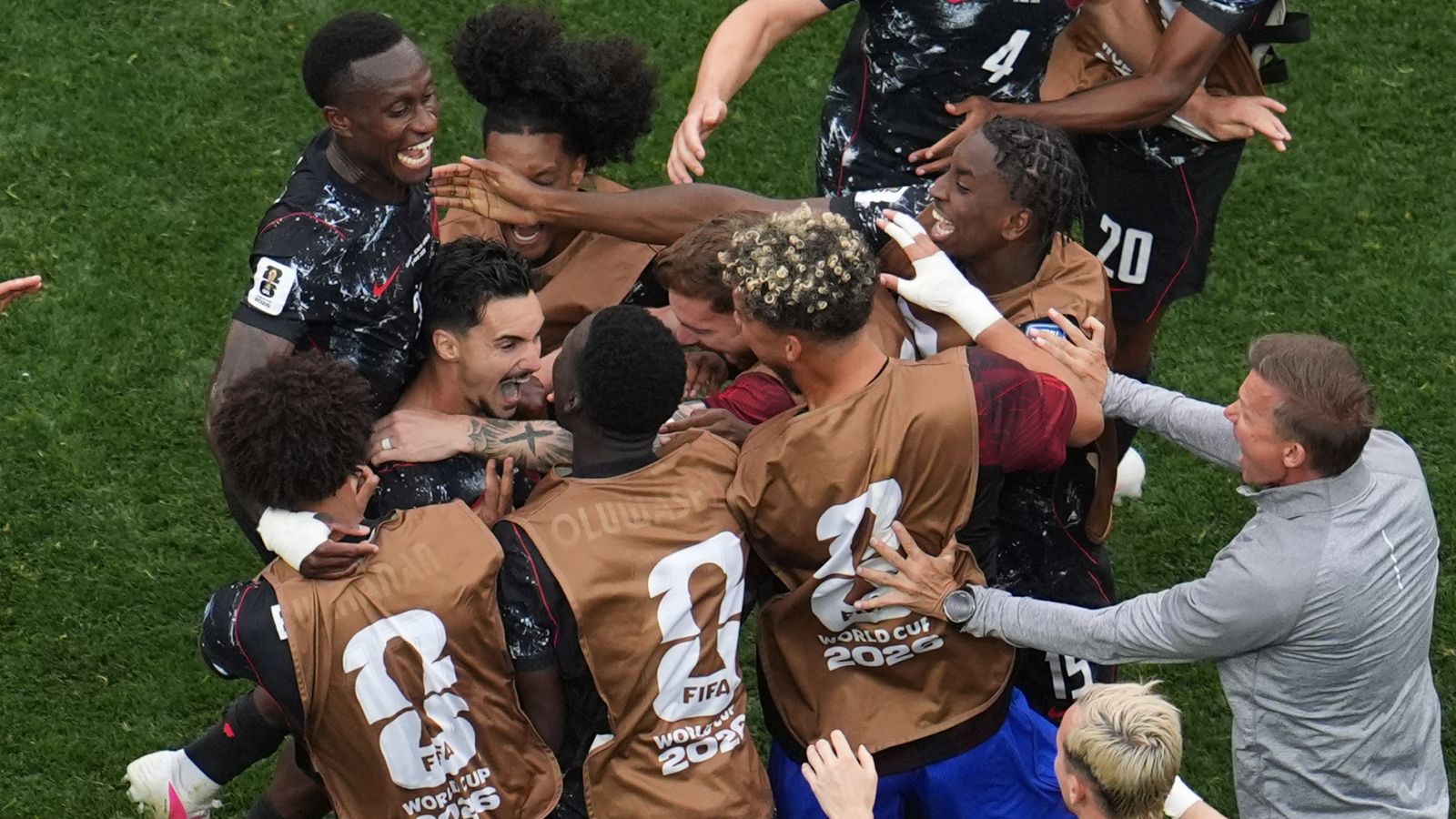 Stephen Eustaquio celebrates Canada's 95th-minute winner against South Africa in the 2026 World Cup round of 32 opener